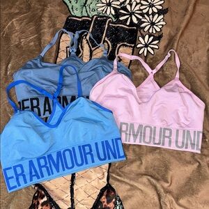 Under Armour Blue and Pink Sports Bras Trio ALL 3 are size large EUC HARDLY WORN